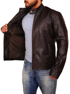 Crocodile Skin Brown Leather Jacket - Image 3