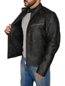 Men Distressed Black Cafe Racer Jacket - Image 4