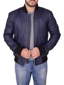 Navy Blue Varsity Leather Jacket - Mauve Tree - Image 4