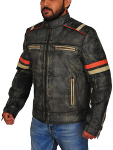 Men Grey Biker Leather Jacket - Image 4