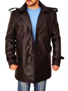 Men Brown Leather Peacoat - Image 5