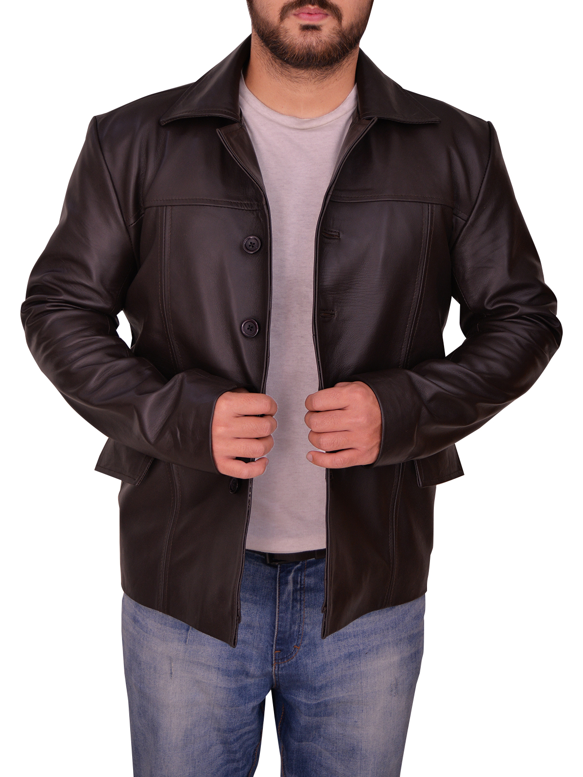 mens-brown-shirt-collar-leather-jacket.jpg Mens Classic Brown Leather Jacket - Image 1