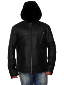 Men Black Leather Jacket With Hoodie - Image 4