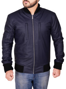 Navy Blue Varsity Leather Jacket - Mauve Tree