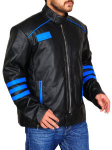 Black & Blue Biker Leather Jacket - Image 3