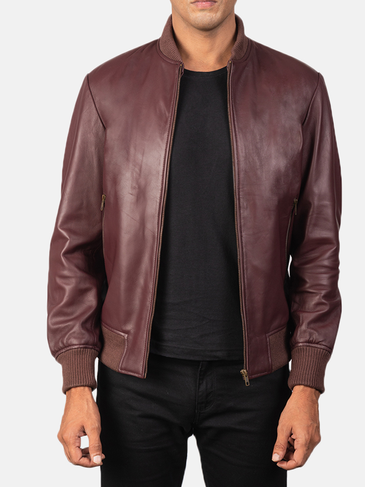 q.png Best Quality Maroon Leather Bomber Jacket For Men - Image 1