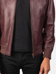 Best Quality Maroon Leather Bomber Jacket For Men - Image 2