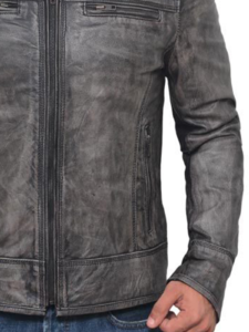 Distressed Dark Grey Casual Biker Slim Lamb Leather Jacket - Image 3