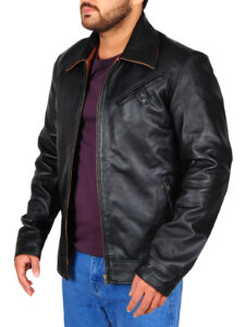 Pitch Black Lapel Collar Leather Jacket - Image 4