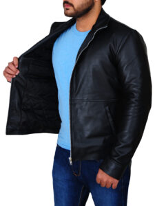 Men's Simple Black Leather Jacket - Image 4
