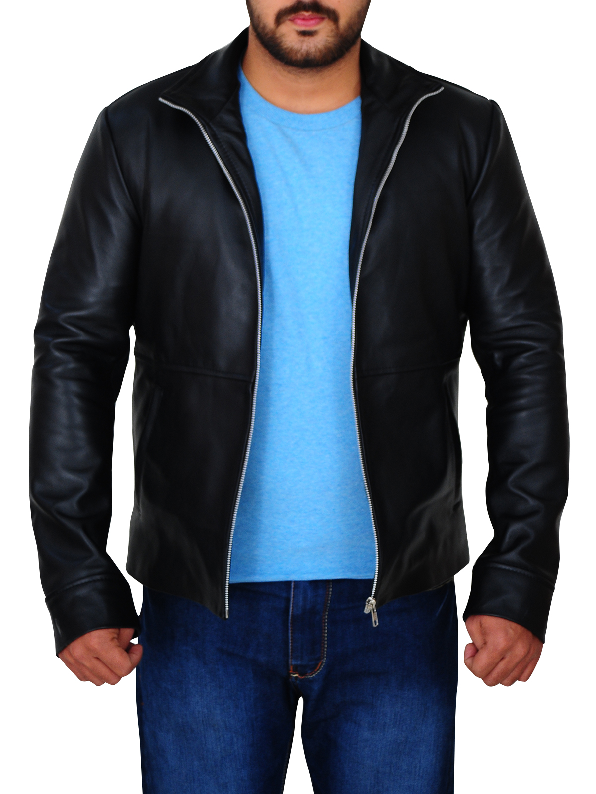 slim-fit-black-leather-jacket-for-men.jpg Men's Simple Black Leather Jacket - Image 1