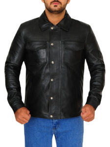 Flap Button Black Leather Jacket - Image 5