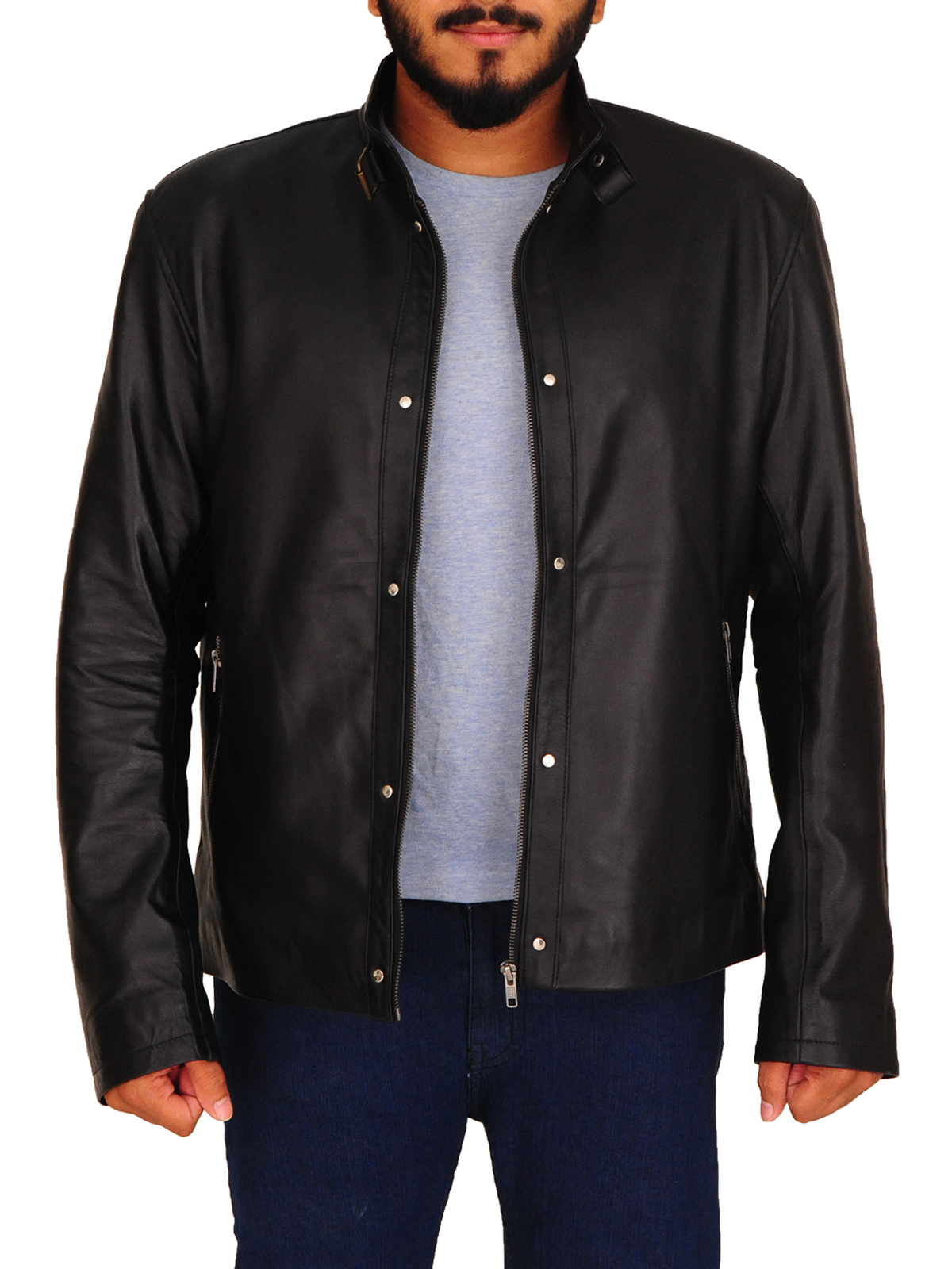 stephen-amell-black-jacket.png Men Black Snap Tab Collar Jacket - Image 1