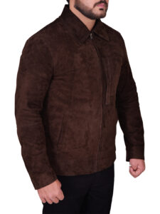 Men Dark Brown Suede Leather Jacket - Image 3