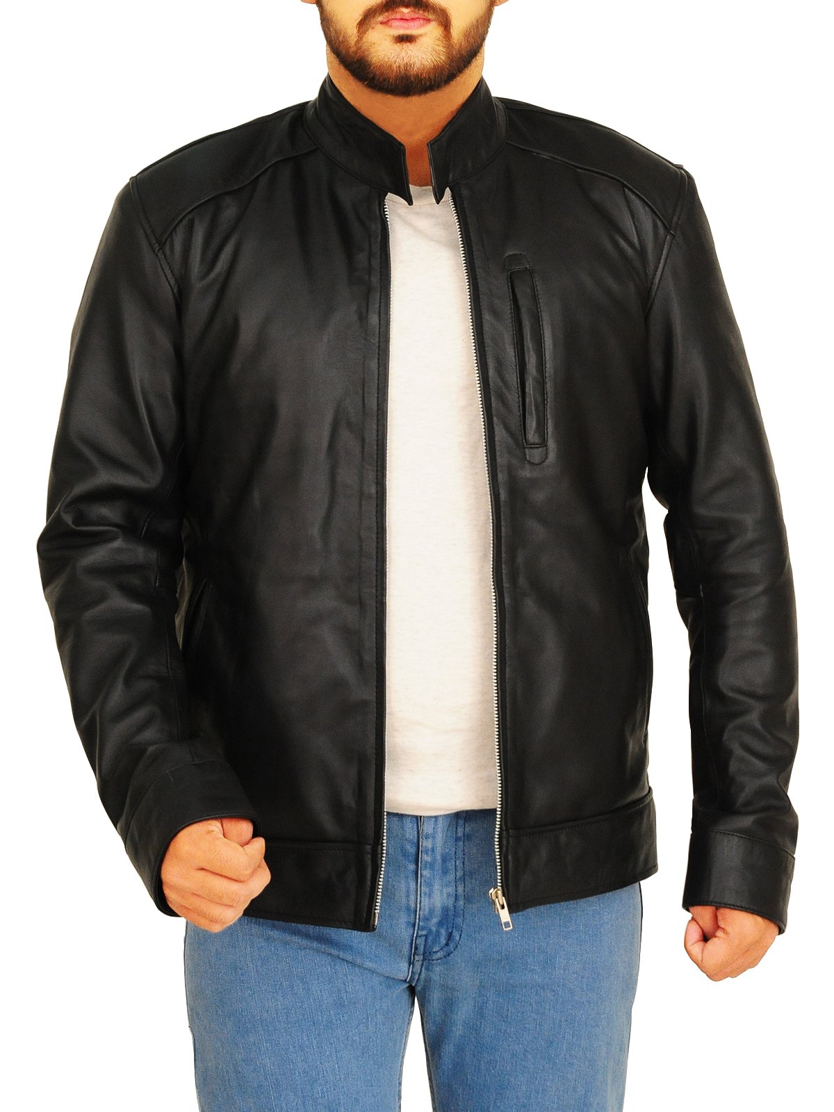 stylish-black-leather-jacket-4.jpg Mandarin Collar Leather Jacket - Image 1