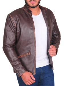 Brown Slim Fit Men Leather Jacket - Image 3