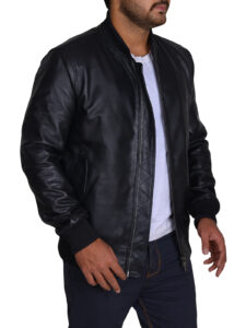 Trendy Rib Knitted Black Leather Jacket - Image 3