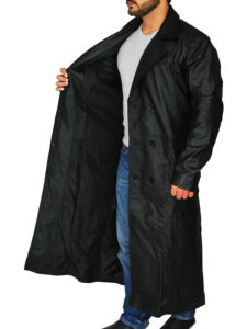 Men Black Leather Trench Coat - Image 4