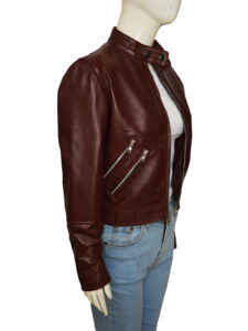 Maroon Slim Fit Women Leather Jacket - Image 3