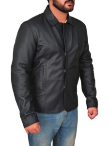 Men Lapel Collar Black Leather Jacket - Image 3