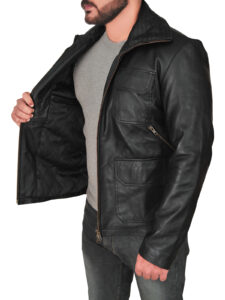 Men Basic Black Leather Jacket - Image 4