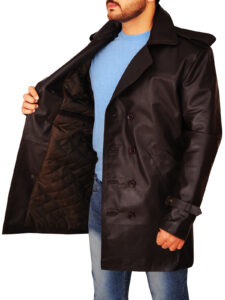 Men Brown Leather Peacoat - Image 4