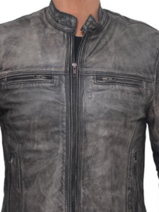 Distressed Dark Grey Casual Biker Slim Lamb Leather Jacket - Image 2