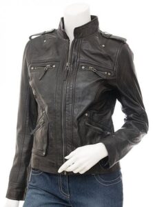 Women Raven Black Leather Jacket - Mauve Tree