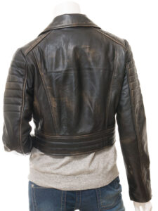 Women Black Distressed Leather Jacket - Mauve Tree - Image 2