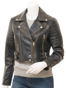 Women Black Distressed Leather Jacket - Mauve Tree - Image 3