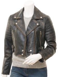 Women Black Distressed Leather Jacket - Mauve Tree