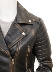 Women Black Distressed Leather Jacket - Mauve Tree - Image 4