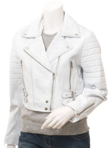 Women White Leather Jacket - Mauve Tree - Image 3