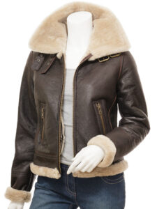 Women's Brown Shearling Jacket - Image 3