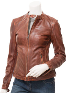 Women Wood Brown Leather Jacket - Mauve Tree - Image 3
