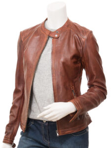 Women Wood Brown Leather Jacket - Mauve Tree