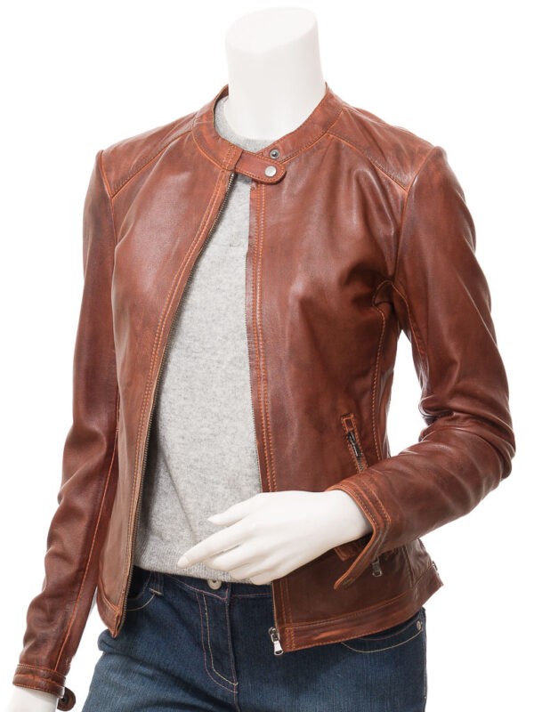 Women Wood Brown Leather Jacket - Mauve Tree
