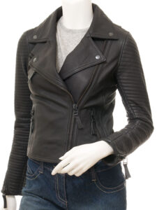 Women Black Biker Leather Jacket - Mauve Tree - Image 3