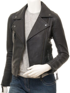 Women Black Biker Leather Jacket - Mauve Tree