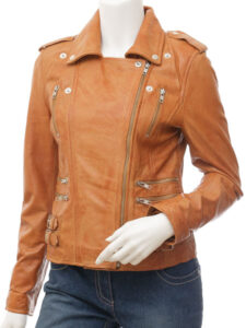 Women Tan Leather Jacket - Mauve Tree - Image 4