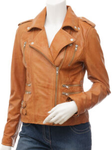 Women Tan Leather Jacket - Mauve Tree - Image 3