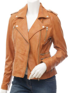 Women Tan Leather Jacket - Mauve Tree