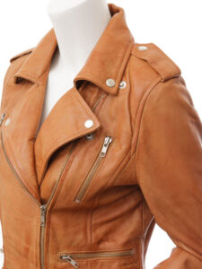 Women Tan Leather Jacket - Mauve Tree - Image 5