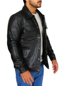 Flap Button Black Leather Jacket - Image 3