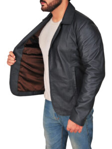 Men Lapel Collar Black Leather Jacket - Image 4