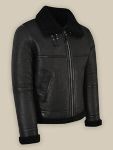 Men Jet Black Shearling Leather Jacket - Image 3