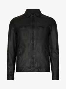 Men Solid Black Leather Jacket - Image 6
