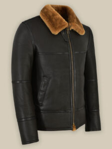 Traditional Black Shearling Jacket For Men - Image 3