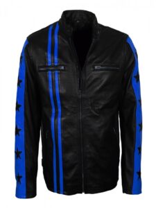 Men Blue Stripes Biker Jacket - Image 3