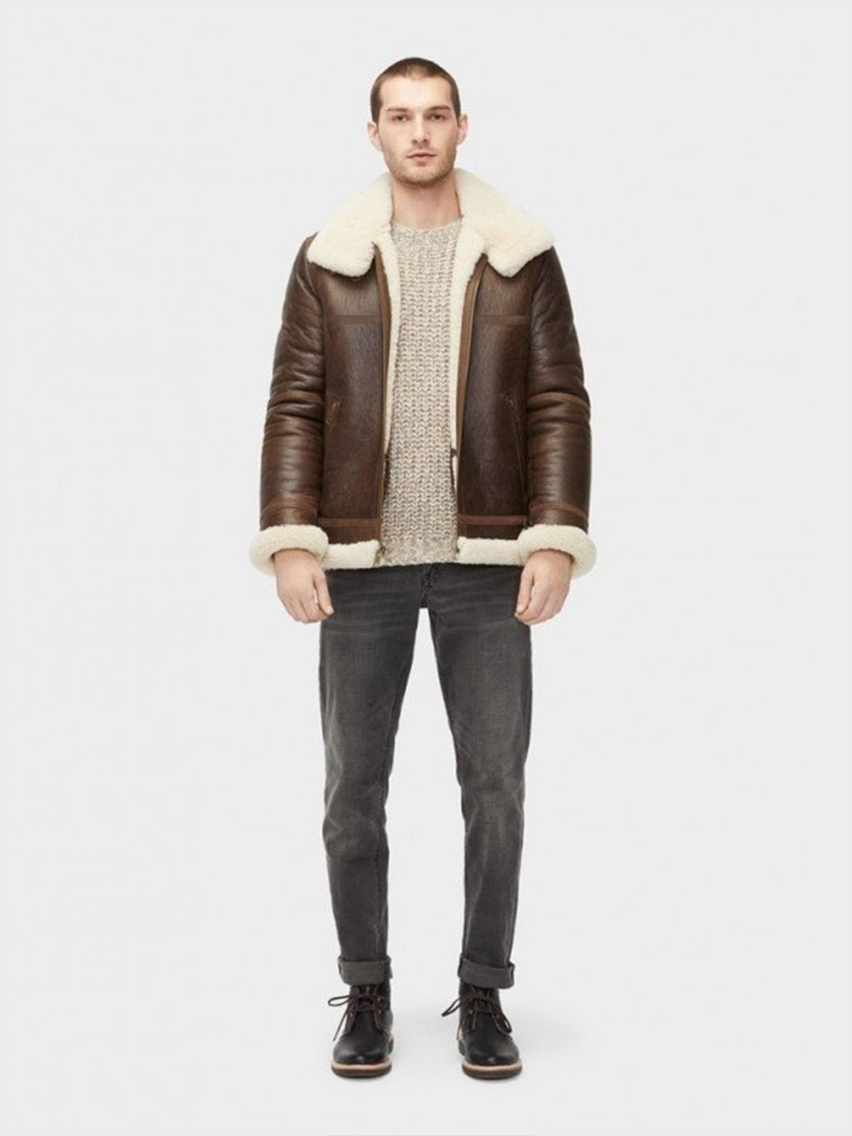 trending-men-brown-shearling-jacket.jpg Men Aviator Shearling Leather Jacket - Image 1